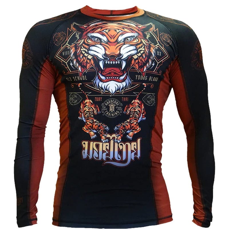 Hardcore Training Tiger Men's Rash Guard Compression Long Sleeve MMA No-Gi Tight BJJ Grappling Base Layer Combat Brown - Image 1